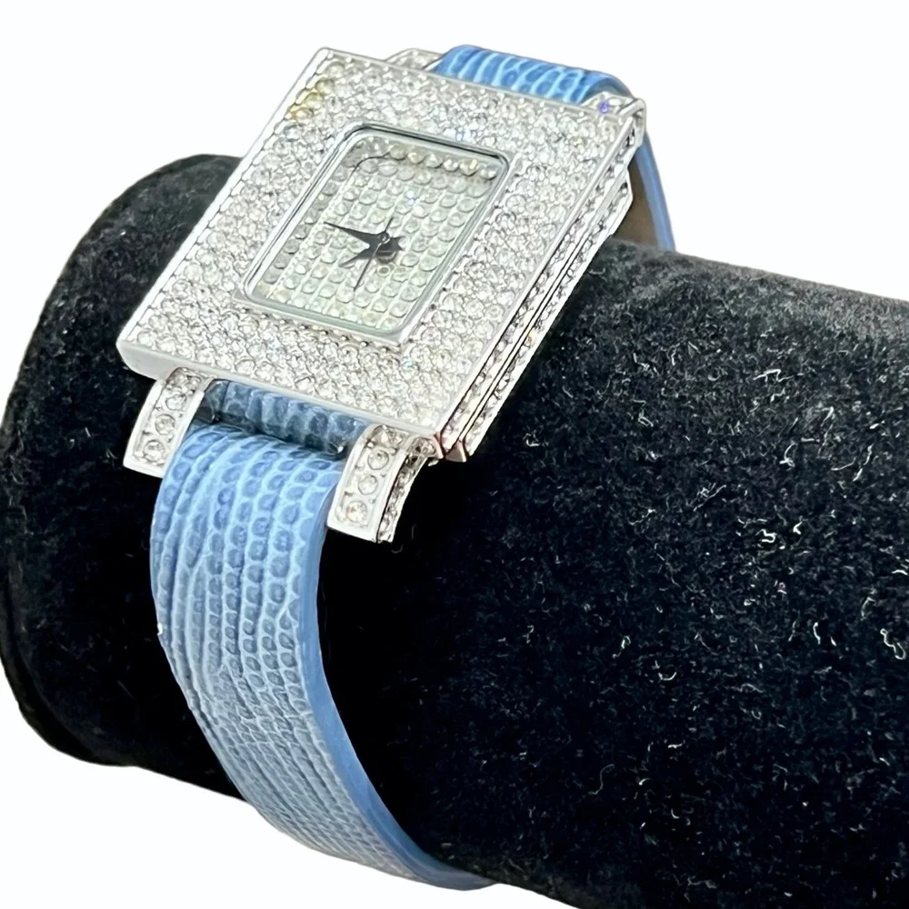ADRIENNE LIMITED PAVE CRYSTAL ART DECO WATCH W BLUE LEATHER LIZARD PRINT BAND